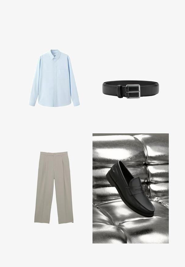 Chemise bleu clair à manches longues avec boutons, col pointu et poche poitrine, présentée sur fond blanc.; Pantalons larges gris clair avec une texture lisse, dotés de plis à l'avant, d'une fermeture à bouton et de poches latérales.; Mocassins en cuir noir à texture lisse, avec des détails de couture et un design classique, présentés sur un fond métallique et brillant.; Ceinture en cuir noir avec une boucle métallique rectangulaire argentée et une seule boucle pour la fixation.