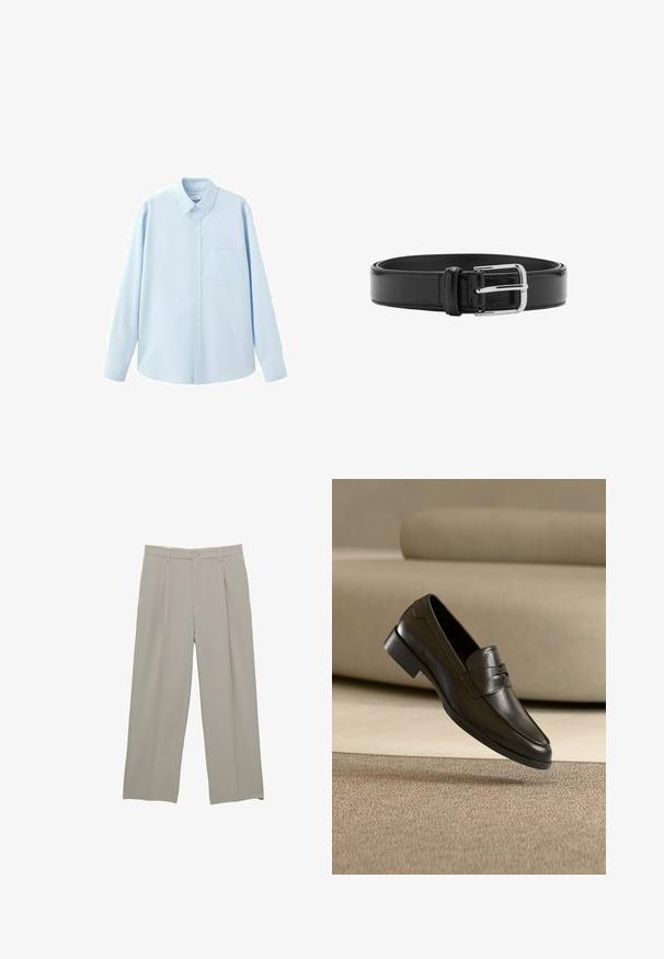 Chemise bleu clair à manches longues avec boutons, col pointu et poche poitrine, présentée sur fond blanc.; Pantalons larges gris clair avec une texture lisse, dotés de plis à l'avant, d'une fermeture à bouton et de poches latérales.; Mocassin en cuir noir flottant au-dessus d'un tapis beige avec un canapé beige en arrière-plan, mettant en valeur le design classique pour hommes sans lacets.; Ceinture en cuir noir avec coutures visibles et boucle argentée brillante, posée à plat en position enroulée sur un fond blanc.