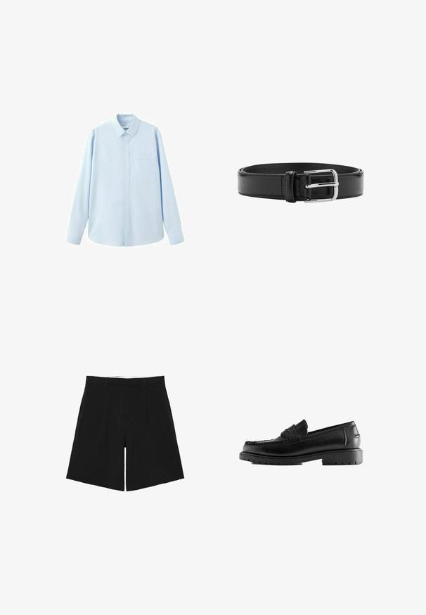 Chemise bleu clair à manches longues avec boutons, col pointu et poche poitrine, présentée sur fond blanc.; Short noir sur mesure avec passants de ceinture, plis devant et poches latérales, posé à plat sur un fond blanc.; Mocassin noir en cuir avec semelle en caoutchouc épaisse et coutures mocassin, vue latérale sur fond blanc.; Ceinture en cuir noir avec coutures visibles et boucle argentée brillante, posée à plat en position enroulée sur un fond blanc.
