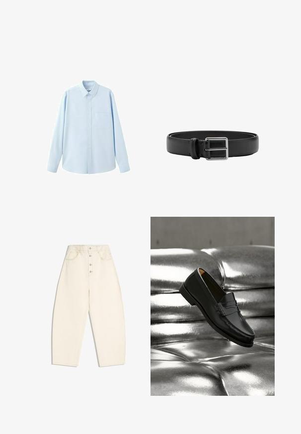 Chemise bleu clair à manches longues avec boutons, col pointu et poche poitrine, présentée sur fond blanc.; Pantalon crème taille haute, jambes larges, fermeture à boutons à l'avant, avec poches latérales et arrière, sur fond blanc.; Mocassin en cuir noir flottant au-dessus d'un canapé en cuir argenté brillant matelassé à boutons dans un décor minimaliste.; Ceinture en cuir noir avec une boucle métallique rectangulaire argentée et une seule boucle pour la fixation.