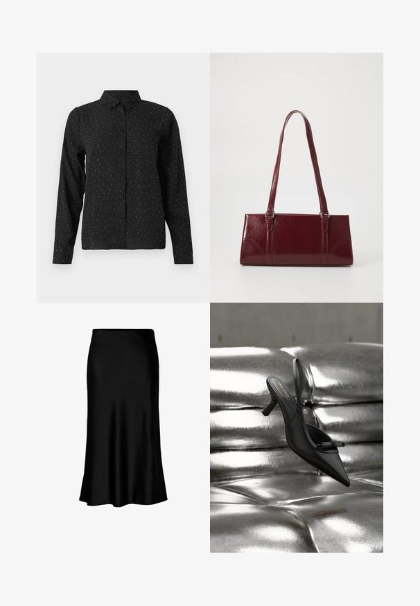 Chemise noire à manches longues avec des petits pois blancs et un col classique, présentée sur un fond blanc.; Jupe midi en satin noir au toucher lisse, avec un ourlet évasé et une taille ajustée, arborant un design simple et classique.; Chaussure à talon noire à bout pointu et bride arrière, avec un petit nœud, reposant sur un revêtement en cuir argenté brillant matelassé.; Sac à main bordeaux en matériau brillant, de forme rectangulaire, avec deux anses et des accents légèrement courbés à l'avant.