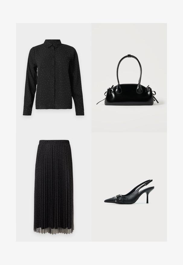 Chemise noire à manches longues avec des petits pois blancs et un col classique, présentée sur un fond blanc.; Jupe midi plissée noire avec un léger motif léopard, taille élastique et texture transparente à l'ourlet.; Escarpin slingback à talon haut en cuir noir avec bout pointu, boucle et détail de bride œillet à l'avant.; Petit sac à main noir brillant avec deux longues anses et des détails à cordon sur les côtés sur un fond clair uni.