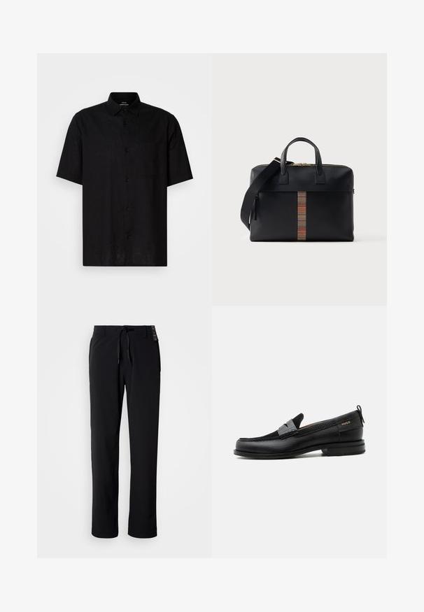 Schwarzes Kurzarmhemd aus Leinen mit Knopfverschluss, einer einzelnen Brusttasche und klassischem Kragen. Glatte Textur.; Schwarze, leichte Hose mit geradem Bein. Verfügt über einen Tunnelzugbund und eine glatte Textur. Geeignet für legere Kleidung.; Schwarzer Lederloafer mit grauem Riemendetail, niedrigem Absatz und strukturierter Sohle, seitlich mit „HUGO“ in Gold gebrandmarkt.; Schwarze Leder-Aktentasche mit doppelten Griffen, abnehmbarem Schulterriemen und vertikalem, mehrfarbig gestreiftem Akzent in der vorderen Mitte.