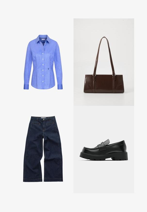 Hellblaues, langärmliges Hemd mit Knöpfen, spitzem Kragen und einer kleinen schwarzen, bestickten Rose unten rechts vorne.; Weite, dunkelblaue Jeans mit mittlerer Taillenhöhe, kontrastierenden orangen Nähten, vorderen Taschen und einer glatten Textur.; Schwarze Leder-Loafers mit einer chunky strukturierten Sohle, ausgestattet mit einem Riemen über dem Spann und einer glatten, polierten Oberfläche.; Braune Lackleder-Handtasche in rechteckiger Form, mit zwei langen Griffen und subtilen, geschwungenen Akzenten auf der Vorderseite.