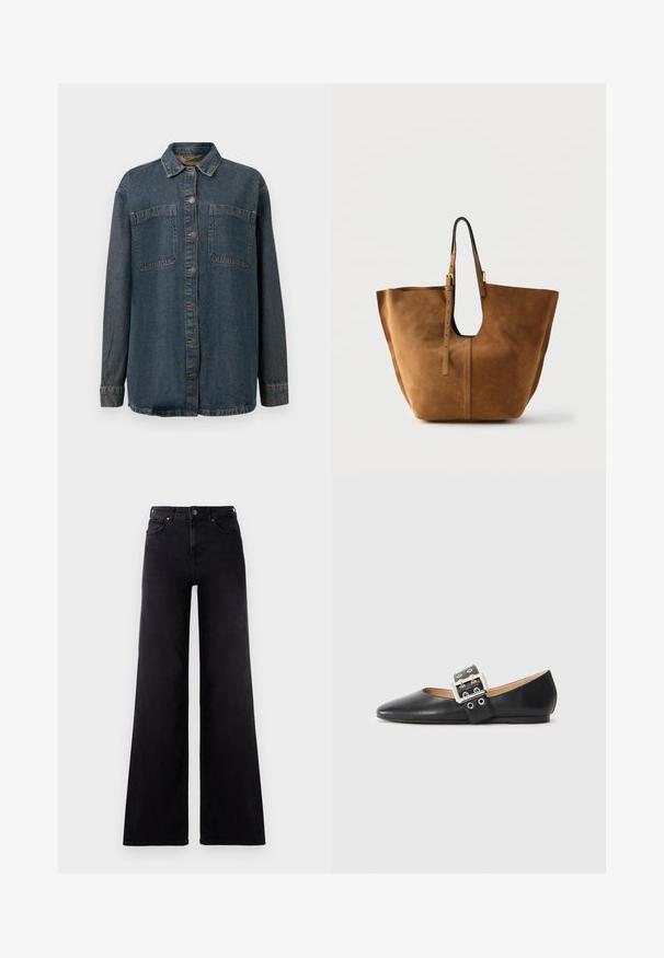 Mørkeblå denimskjorte med knaplukning fortil, to brystlommer, lange ærmer og klassisk krave. Blød tekstur med minimal slitage.; Højtaljede sorte wide-leg jeans med frontlommer, bælteløkker og knappelukning.; Sort læder flad sko med spidst tåparti og en dekorativ spænde-rem med sølvfarvet hardware og små udskæringer.; Brun ruskindstaske med justerbare læderremme og guldspænder mod en ensartet lys baggrund.