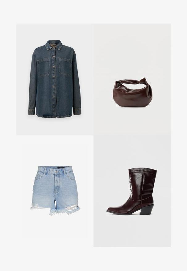 Mørkeblå denimskjorte med knaplukning fortil, to brystlommer, lange ærmer og klassisk krave. Blød tekstur med minimal slitage.; Lyseblå denimshorts med høj talje, frynset kant og slidte revner foran og på siderne, med bæltestropper og frontknaplukning.; Bordeaux læder ankelstøvler med spids tå, tekstureret overflade og en lav, taperet hæl. Har diskrete søm og en tætsiddende pasform.; Mørkebrun læder skuldertaske med en blød, afslappet form og et snoet knudehåndtag på en ensartet hvid baggrund.