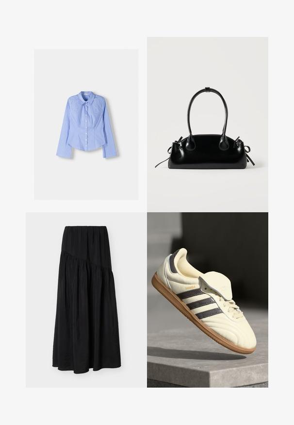 Blue and white striped long-sleeve button-up shirt with a spread collar, tailored fit, and curved hemline. Textured cotton material.; Black ankle-length skirt with gathered fabric and a diagonal seam detail across the front.; Cream leather sneaker with three dark stripes, a brown gum outsole, and a rounded toe. Features a foldable tongue labeled "SAMBA."; Small black glossy handbag with two long handles and side drawstring details on a plain light background.