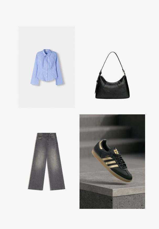 Blå og hvidstribet langærmet skjorte med knaplukning, spredt krave, skræddersyet pasform og buet nederste kant. Tekstureret bomuldsstof.; Grå denimjeans med vide ben og høj talje, med falmede detaljer, frontknap og lynlås samt lommer, på en hvid baggrund.; Sort Adidas Samba-sneaker med gulstriber og gummisål, der svæver over en betongflade med slørede trapper i baggrunden.; Sort syntetisk læder håndtaske med en buet form, kort håndtag, lynlåslukning og en subtil tekstureret overflade.