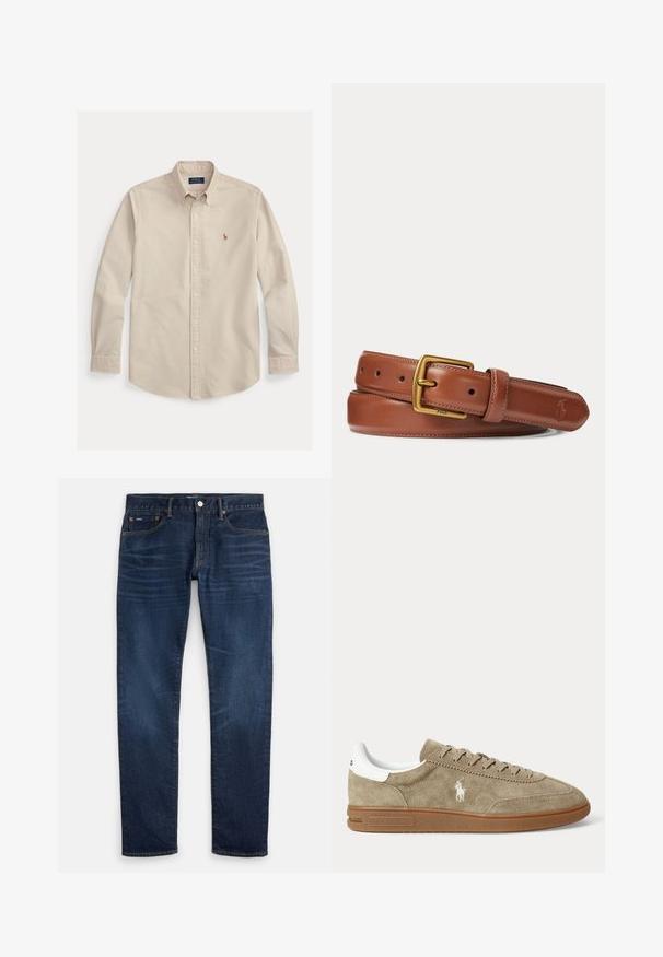 Camisa beige de manga larga con botones y cuello, con el logo bordado de Polo Ralph Lauren en el pecho y puños con botones.; Vaqueros ajustados de color azul oscuro con sutil desgaste en los muslos, diseño de cinco bolsillos y cierre de botón en la cintura.; Zapatilla baja de ante beige con suela marrón, detalle blanco en el talón, cordones y un logo bordado blanco de un jugador de polo en el lateral.; Cinturón de cuero marrón con hebilla de latón, bordes cosidos y logo en relieve en la punta, descansando enrollado sobre un fondo blanco.