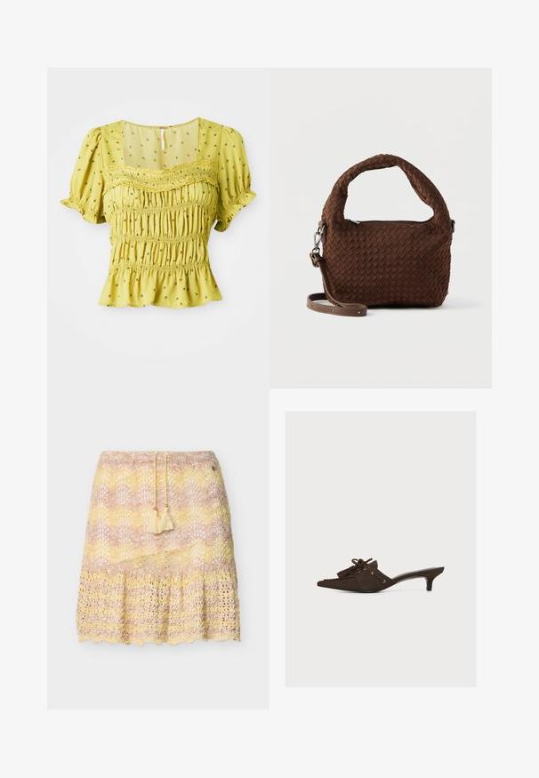 Gul bluse med korte ærmer med små blomsterprint, smocket korset, blonder på tværs af brystet og let flæset kant og ærmer.; Knælange hæklet nederdel med bølget kant i pastelrosa, gul og beige nuancer, med snøre i taljen og kvaster.; Brun ruskind mule sko med lav kitten heel, spids tå, kvast og blonder detalje på toppen, sidevisning på hvid baggrund.; Brun vævet håndtaske med et rundt håndtag, sølvfarvede detaljer og en justerbar rem. Har lynlåslukning og en struktureret overflade.