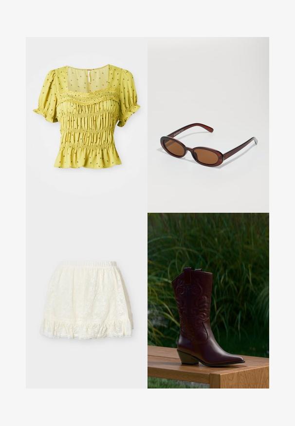 Gul bluse med korte ærmer med små blomsterprint, smocket korset, blonder på tværs af brystet og let flæset kant og ærmer.; Halvlang blondeslip i cremefarve med elastisk taljebånd og flæset kant, designet til at blive brugt under nederdele eller kjoler.; Mørkebrune læder cowboystøvler med broderede mønstre, lavt skråt hæl og trækflapper, placeret på en træ bænk med grønne planter i baggrunden.; Runde, bruntonede solbriller med en glansfuld bordeauxramme. Slanke arme med diskret brandingdetalje. Flad linsedesign.