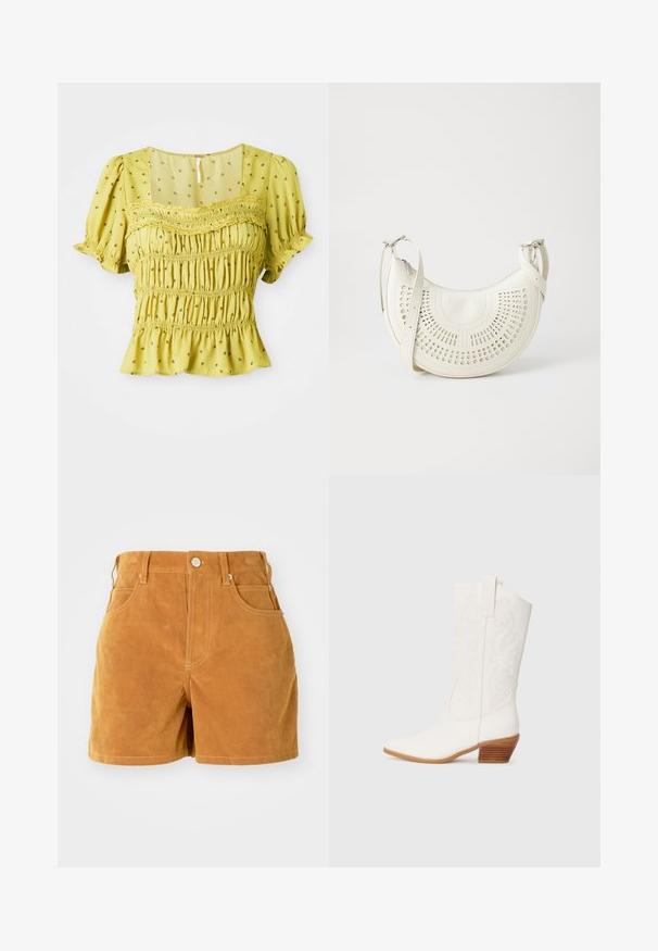 Gul bluse med korte ærmer med små blomsterprint, smocket korset, blonder på tværs af brystet og let flæset kant og ærmer.; Brune ruskinds højhalsede shorts med frontknap, bæltesløjfer og fem lomme-design på en plain hvid baggrund.; Hvide western-stil ankelstøvler med spids tå, tekstureret stof, broderet design og en stablet træhæl.; Hvid vegan læder skuldertaske med perforeret cirkulært design, justerbar strop og indgraveret logo foran. Lynlåslukning øverst.