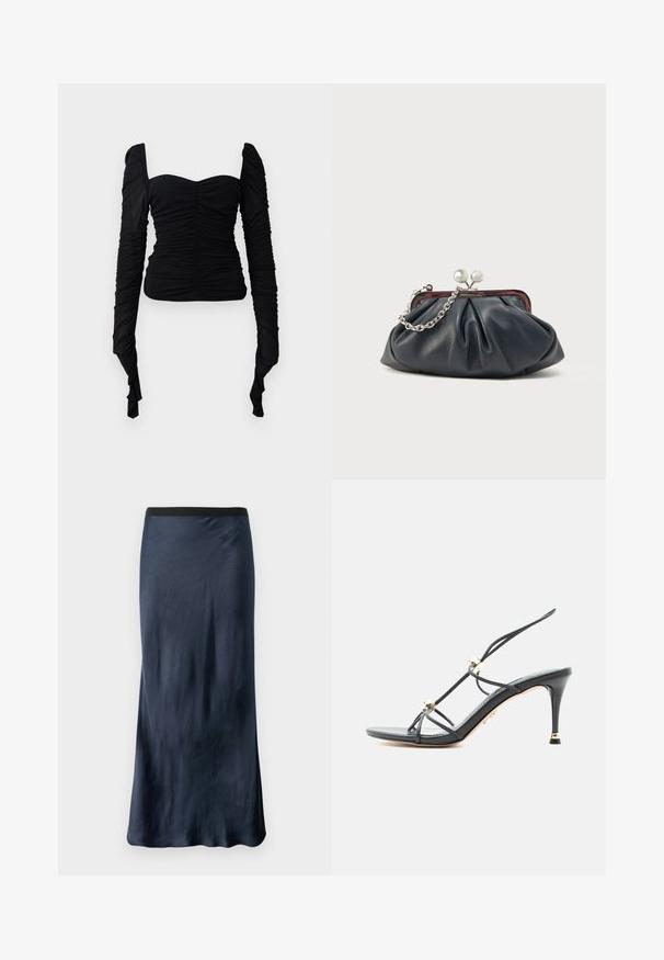 Sort langærmet top med en rynket tekstur, off-shoulder design og tætsiddende silhuet. Materialet virker strækbart og glat.; Marineblå A-formet nederdel lavet af glat satin-stof med en sort elastisk talje. Den har en diskret glans og en gulvlængde design.; Sort højhælet sandal med tynde stropper og guldbelagte perle dekorationer på en spids stilettohæl.; Marineblå læderclutch med opsamlet design, sølvkæde og lukning med knips. Glat tekstur med en diskret glans.