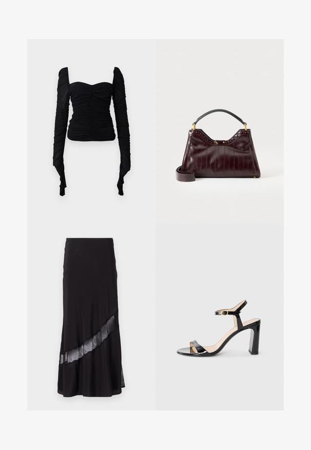 Sort langærmet top med en rynket tekstur, off-shoulder design og tætsiddende silhuet. Materialet virker strækbart og glat.; Sort nederdel lavet af glat stof, med en blonderindsats diagonalt henover kanten. Udvidet design med en subtil glans.; Sorte lakerede højhælede sandaler med ankelrem, åben tå og firkantet hæl. Glat tekstur og minimalistisk design.; Mørk bordeaux læderhåndtaske med tekstureret mønster, sort topgreb, guldfarvet hardware og aftagelig skulderrem på hvid baggrund.