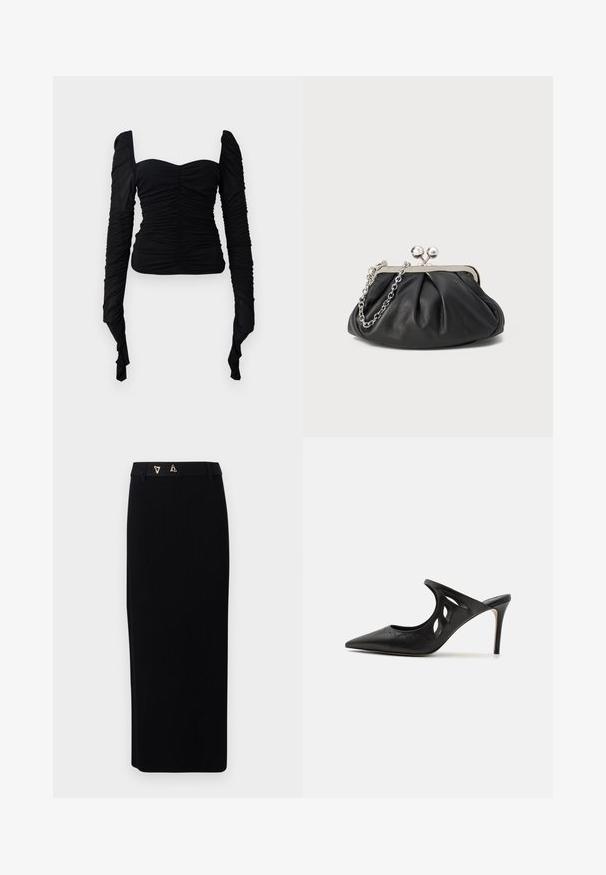 Sort langærmet top med en rynket tekstur, off-shoulder design og tætsiddende silhuet. Materialet virker strækbart og glat.; AERON FORUM - Pencil skirt - black; Sorte læder højhælede mules med spids tå, udskåret sideskærm og glat tekstur. Stiletthæl og subtil syning.; Sort læder clutch med samlet tekstur, sølvfarvet metalramme, kys-lås lukning og kædestrop. Glat, blød overflade.