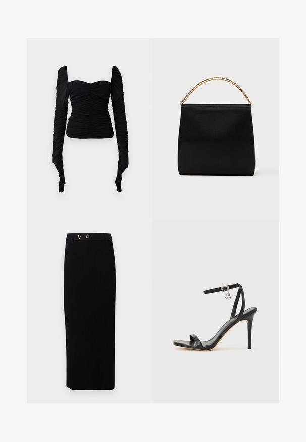 Sort langærmet top med en rynket tekstur, off-shoulder design og tætsiddende silhuet. Materialet virker strækbart og glat.; AERON FORUM - Pencil skirt - black; Sort hæl-sandal med smal ankrem, firkantet tå-boks, glat lædermateriale og metalspænde som pynt.; Sort taske lavet af glat stof, med en struktureret form, et håndtag med guld kæde og et minimalistisk geometrisk design.