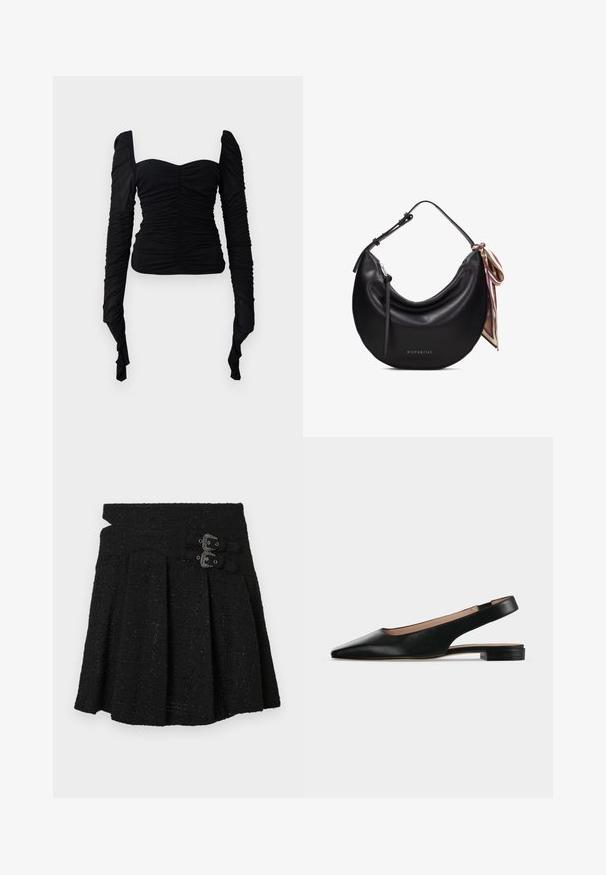 Sort langærmet top med en rynket tekstur, off-shoulder design og tætsiddende silhuet. Materialet virker strækbart og glat.; Sort tweed nederdel med en struktureret talje, plisseret design og to dekorative spænder på forsiden. Tekstureret stof med subtil glans.; Sort læder slingback flad sko med spids tå og lav firkantet hæl på hvid baggrund.; Sort halvmåneformet læderhåndtaske med justerbar rem, sølv lynlåstrækker og mønstret silketørklæde bundet på den ene side.