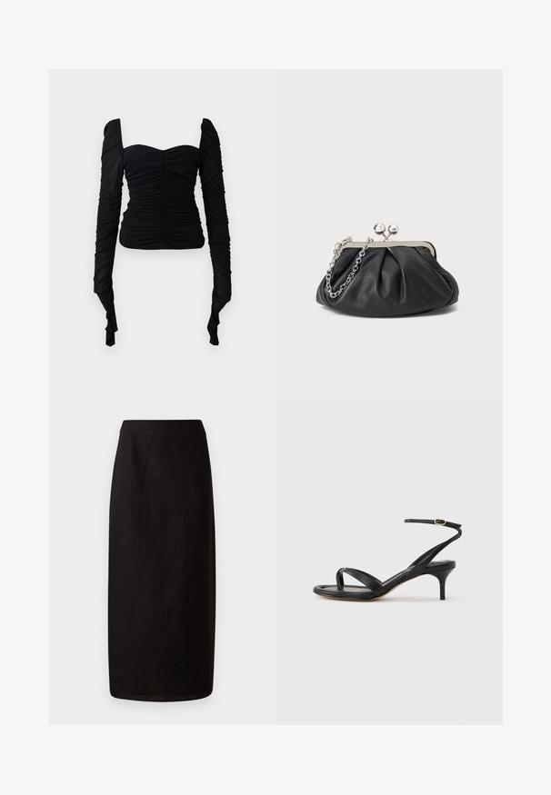 Sort langærmet top med en rynket tekstur, off-shoulder design og tætsiddende silhuet. Materialet virker strækbart og glat.; Sort midi nederdel lavet af letvægtsstof. Har en lige silhuet, glat tekstur og en simpel talje uden udsmykninger.; Sort damesandal i læder med tynde remme, en tå-loop, ankelspænde og en mellemhøj stiletthæl på en neutral baggrund.; Sort læder clutch med samlet tekstur, sølvfarvet metalramme, kys-lås lukning og kædestrop. Glat, blød overflade.