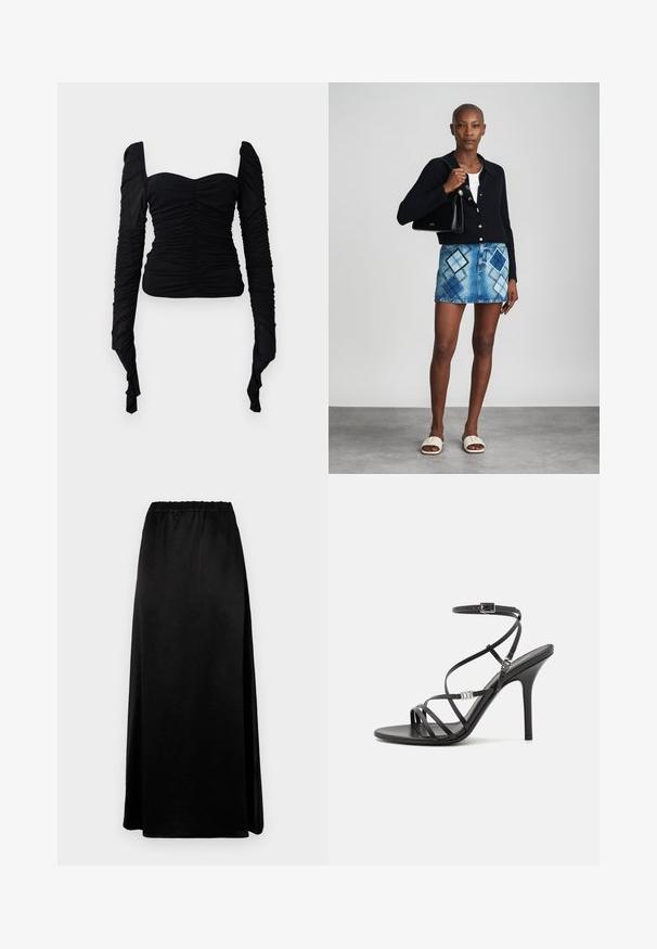 Sort langærmet top med en rynket tekstur, off-shoulder design og tætsiddende silhuet. Materialet virker strækbart og glat.; Lang sort nederdel med en glat, krøllet tekstur og en elastisk talje. Har en sideslids for nem bevægelse og en strømlinet silhuet.; Sort højhælet sandal med tynde stropper, en ankelspænde, en glat læderoverflade og en slank stilethæl.; Sort striktrøje, hvid top, denimnederdel med blå og sort diamantmønster, sort håndtaske og beige slidesandaler.