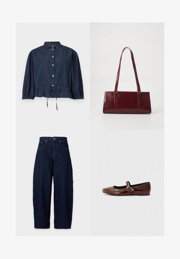 Blouse à manches longues en jean bleu foncé avec fermeture à boutons sur le devant, col, poignets froncés et taille ajustable par cordon.; Jean en denim bleu foncé à jambes larges, fermeture avant par bouton et zip, passants de ceinture et poches avant sur fond clair.; Ballerine en cuir verni marron avec un bout carré et une lanière ornée d'une petite boucle dorée. Texture lisse, talon bas et design minimaliste.; Sac à main bordeaux en matériau brillant, de forme rectangulaire, avec deux anses et des accents légèrement courbés à l'avant.