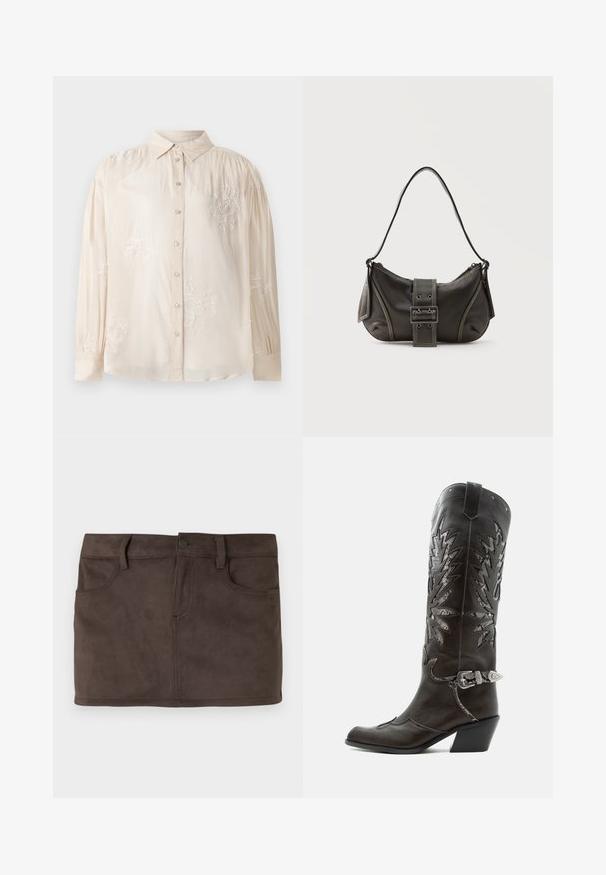 Beige Bluse mit langen Ärmeln und Knopfleiste, versehen mit weißen Blumenstickereien und gerafften Schulterdetails. Glatte Stofftextur.; Brauner Wildleder-Minirock mit zwei vorderen Taschen, Gürtelschlaufen und einer vorderen Knopfverschluss. Geschmeidige Textur mit einem subtilen Glanz.; Schwarzer Leder-Cowboystiefel mit dekorativen Ausschnitten, silberner Schnalle und schräger Ferse, auf weißem Hintergrund dargestellt.; Schwarze Leder-Schultertasche mit Schnallengurt-Detail, abgerundeten Kanten und kontrastierenden weißen Nähten auf schlichtem Hintergrund.