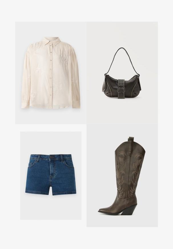 Beige Bluse mit langen Ärmeln und Knopfleiste, versehen mit weißen Blumenstickereien und gerafften Schulterdetails. Glatte Stofftextur.; Dunkelblaue Denim-Shorts mit Frontknopf, Reißverschluss, Gürtelschlaufen, zwei Fronttaschen und einer kleinen Münztasche auf hellgrauem Hintergrund.; Braune Leder-Cowboystiefel mit einer spitzen Zehe, Wedge-Absatz und dekorativer Stickerei. Besitzt einen hohen Schaft und eine Zuglasche.; Schwarze Leder-Schultertasche mit Schnallengurt-Detail, abgerundeten Kanten und kontrastierenden weißen Nähten auf schlichtem Hintergrund.