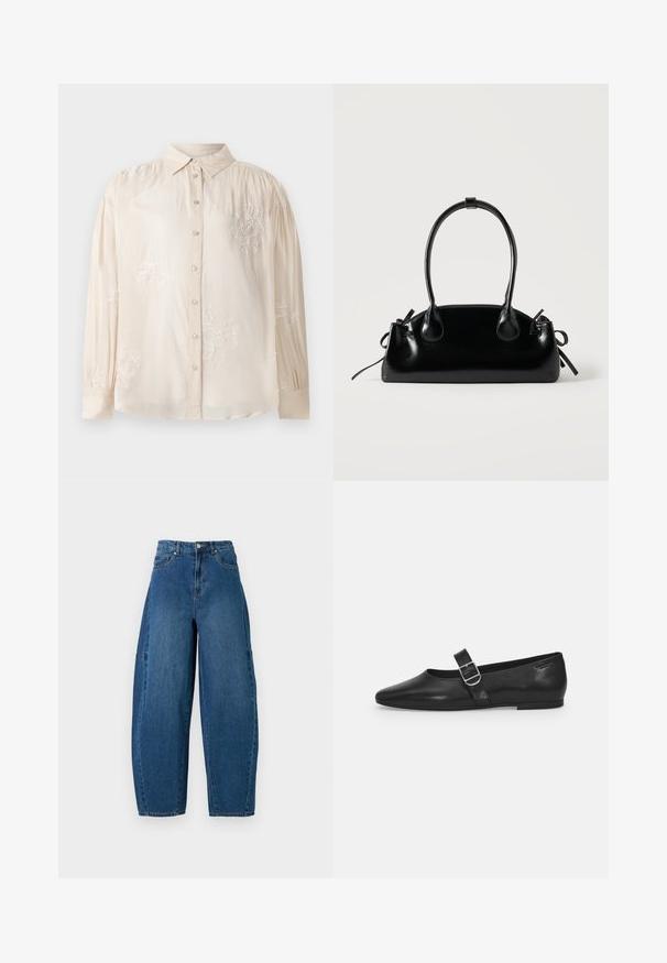 Beige, pitkähihaine paita napituksella edessä, jossa on valkoista kukkakirjontaa ja laskostettua olkatietoa. Sileä kangas.; Denim-housut keskipitkässä sinisessä pesussa, joissa on korkea vyötärö, leveä lahje ja standardi viiden taskun muotoilu näkyvillä ompeluyksityiskohdilla.; Mustat nahkakengät, joissa on pyöreä kärki, yksi säädettävä solkiremmija sileä, kiiltävä pinta. Minimalistinen muotoilu ja matala korko.; Pieni musta kiiltävä käsilaukku, jossa on kaksi pitkää kantokahvaa ja sivulla nyöritys yksityiskohtia yksinkertaisella vaalealla taustalla.