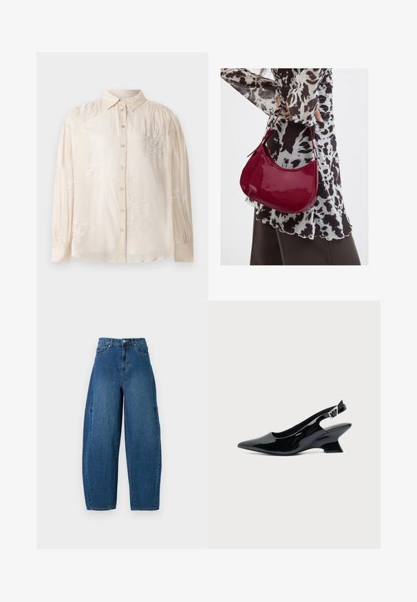Blusa beige de manga larga con botones en la parte frontal, que presenta bordados florales blancos y detalles de hombros fruncidos. Textura de tela suave.; Jeans de denim en un lavado azul medio, con una cintura alta, corte de pierna ancha y diseño estándar de cinco bolsillos con detalles de costura visibles.; Zapato slingback de cuero charol negro con puntera puntiaguda y tacón bajo en bloque inclinado sobre fondo claro liso.; Mujer con blusa de estampado en blanco y negro sosteniendo un bolso de hombro rojo brillante sobre un fondo liso.