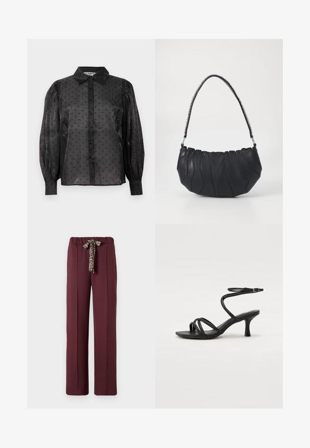 Blusa negra transparente con pequeños patrones de corazones, mangas largas abullonadas, cierre frontal de botones y un cuello clásico.; Pantalones burdeos de corte relajado, con una cinturilla elástica y un cordón de leopardo. Tejido suave con costuras laterales.; Even&Odd Wide Fit Sandalias - black; Bolso de cuero negro con forma curvada, detalle de costura ondulada y correa de cadena plateada. Textura suave, tamaño compacto.