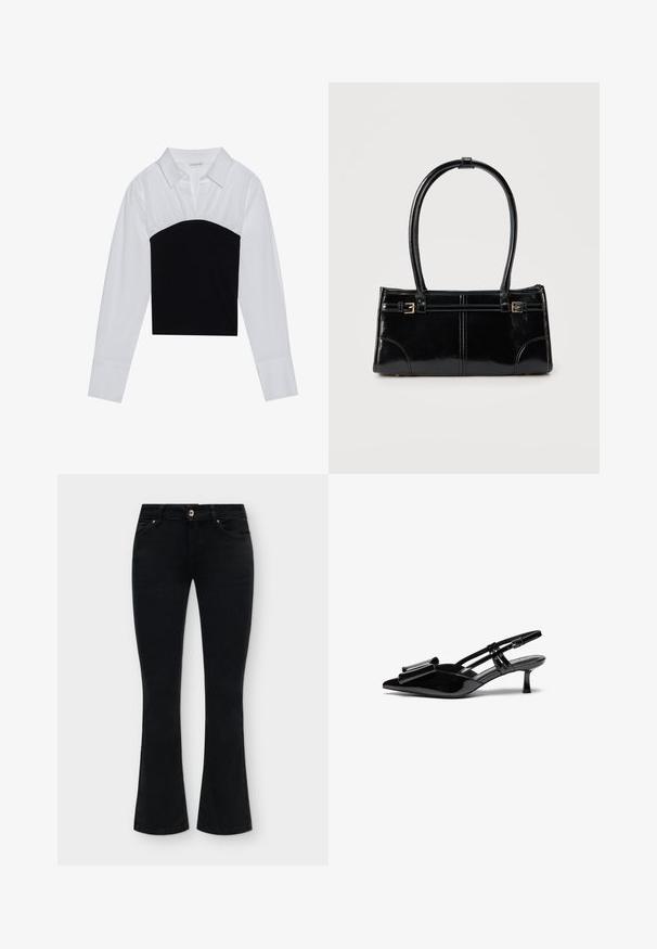 Even&Odd by Zalando Blouse - off-white/black; Jean noir pour femmes avec une taille mi-haute, bouton et fermeture éclair à l'avant, design cinq poches et jambes légèrement évasées.; Talons aiguilles en cuir verni noir avec un bout pointu, un détail en nœud à l'avant et un petit talon stiletto. Les brides sont équipées de boucles ajustables.; Sac à main rectangulaire noir brillant avec deux fines bretelles et petits détails de boucles dorées à l'avant.