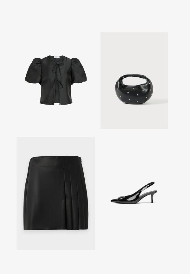 Blouse en satin noir avec des manches courtes bouffantes, un col rond et une fermeture à nouer à l'avant. Texture lisse et coupe décontractée.; Jupe mini en faux cuir noir avec un devant lisse et des plis sur le côté droit, équipée d'une fermeture éclair au dos.; Escarpins slingback en cuir verni noir avec un bout pointu et une finition brillante. Présente un talon fin et un accent arrondi au dessus du pied.; Sac à main en cuir noir de forme arrondie, décoré de clous argentés et équipé d'une poignée courte. Texture lisse et fermeture éclair.