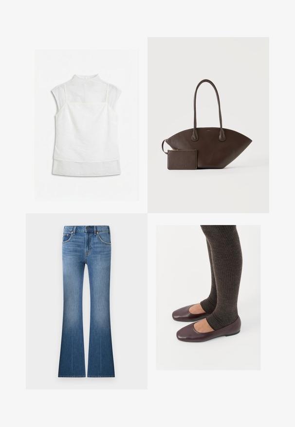 Blouse blanche sans manches à plusieurs couches avec col montant et superposition de tissu transparent sur le dessus et les manches, posée à plat sur un fond blanc.; Jean en denim bleu taille haute, avec poches avant, fermeture à bouton et glissière, et jambes évasées.; Ballerines en cuir verni bourgogne à bout carré, accompagnées de chaussettes en tricot côtelé marron foncé atteignant le molet.; Sac à main en cuir marron foncé avec longues poignées et petite pochette assortie zippée sur un fond clair uni.