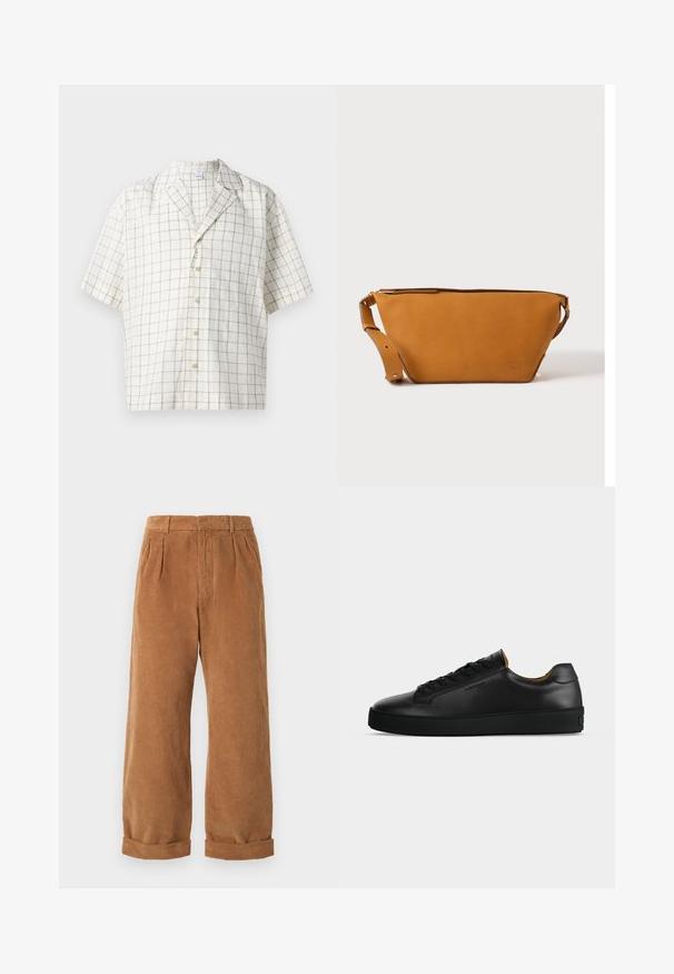 Kortærmet skjorte i et lyst beige stof med rutemønster. Har en spids krave og syv knaplukninger.; Brune kordfløjspants med bred ben-design, der har frontfolder og opfoldede kanter. Stoffet har et tekstureret, ribbet udseende.; Sort lavtopet læder-sneaker med sorte snørebånd, tekstureret gummisål og lille præget logo på siden, vist i profil mod grå baggrund.; Lys brun læder crossbody taske med justerbar rem og lynlås, vist mod en ensartet lys baggrund.