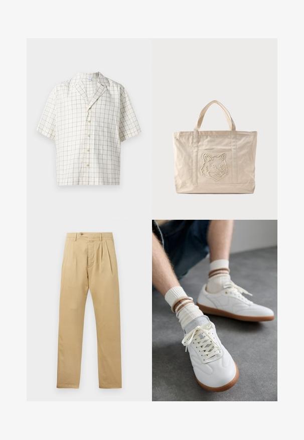 Kurzarmhemd aus einem hellbeigen Stoff mit Karomuster. Hat einen eingeschnittenen Kragen und eine Knopfverschluss mit sieben Knöpfen.; CLOSED BERGEN TAPERED - Chino - beige; Weiße Ledersneaker mit glatter Textur, grauen Wildlederelementen, beigen Gummisohlen und flachen Schnürsenkeln. Kombiniert mit cremefarbenen und braun gestreiften Socken.; Beige Canvas-Tragetasche mit doppelten Griffen und einem geprägten Wolfskopfdesign auf der Fronttasche.