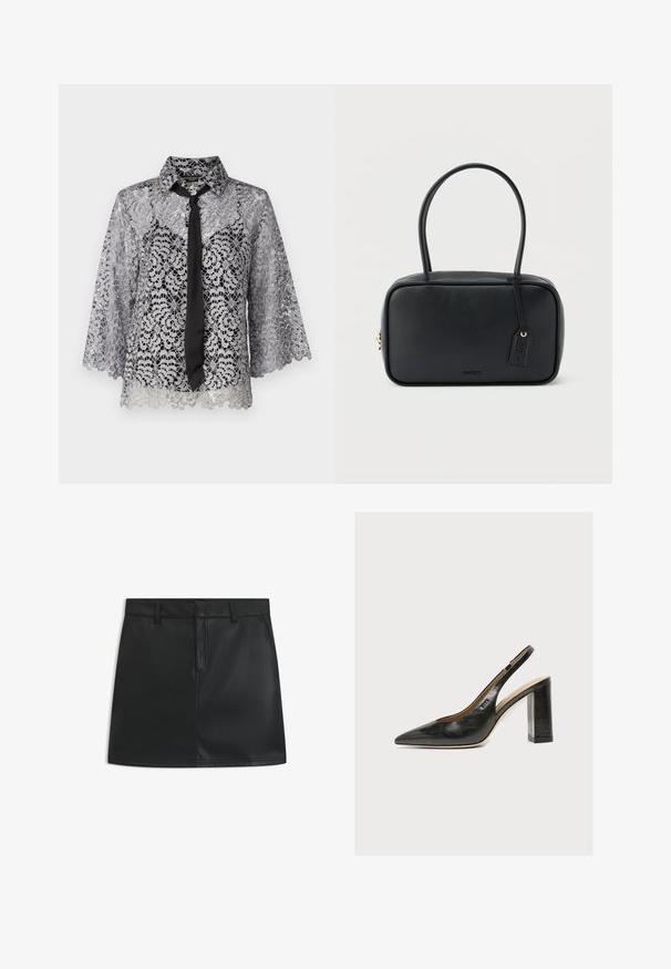 Blouse en dentelle argentée avec un nœud noir. Présente des manches cloche, des motifs floraux et un col pointu. Texture transparente avec un ourlet en dents de scie.; Mini-jupe en cuir noir avec un design ajusté, dotée d'une fermeture éclair à l'avant, de passants de ceinture et de coutures nettes. Texture lisse avec une finition élégante.; Chaussure slingback femme en cuir noir avec bout pointu et talon bloc épais et haut sur fond blanc.; Sac à main rectangulaire noir avec doubles poignées arrondies, fermeture éclair dorée et logo "HUGO" embossé sur le devant avec une étiquette en cuir attachée.