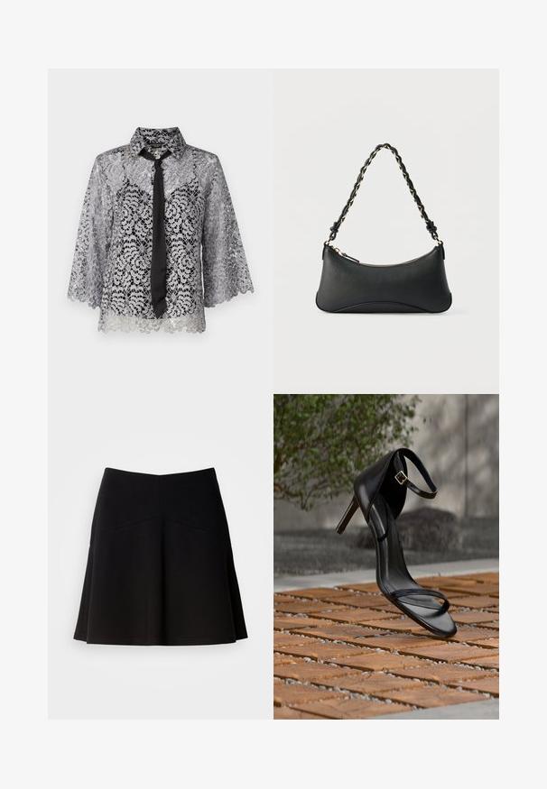 Blouse en dentelle argentée avec un nœud noir. Présente des manches cloche, des motifs floraux et un col pointu. Texture transparente avec un ourlet en dents de scie.; Jupe noire évasée en tissu doux, avec une taille ajustée et des coutures décoratives. Texture lisse avec un design simple et classique.; Sandale noire à talon haut avec sangle à la cheville, suspendue au-dessus d'un sol en carreaux de bois à l'extérieur, avec un arrière-plan flou de verdure et de pierre.; Sac à bandoulière en cuir noir de forme rectangulaire incurvée, avec une chaîne dorée tissée dans la bandoulière noire tressée et une fermeture éclair sur le dessus.