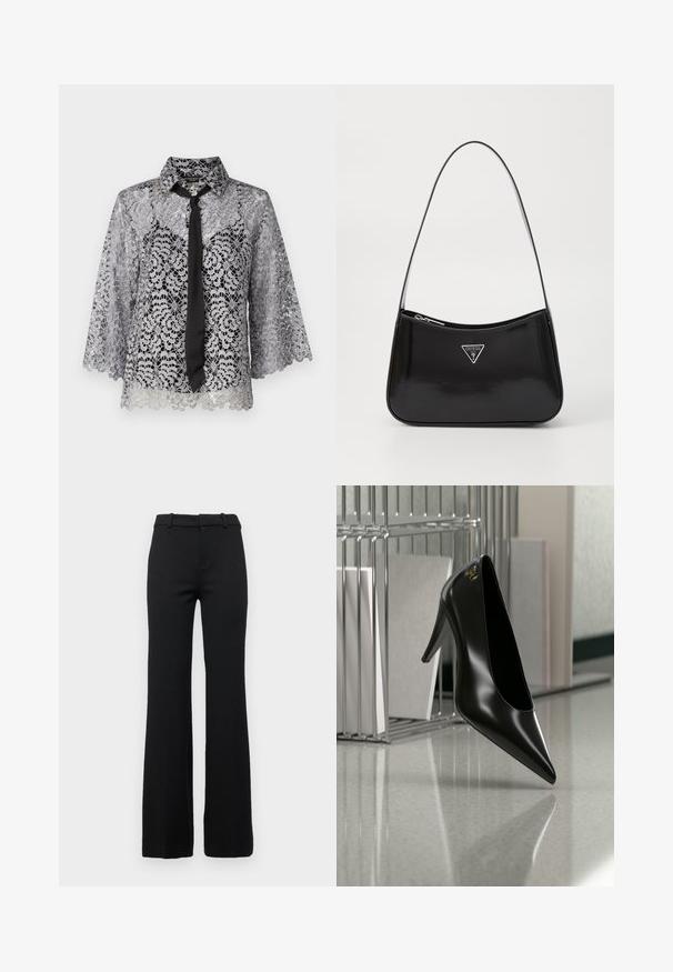 Blouse en dentelle argentée avec un nœud noir. Présente des manches cloche, des motifs floraux et un col pointu. Texture transparente avec un ourlet en dents de scie.; Pantalons évasés noirs sur mesure avec une texture lisse, dotés d'une ceinture avec passants de ceinture et d'une fermeture éclair à l'avant.; Chaussure noire à talon haut avec bout pointu et logo doré, posée sur une surface réfléchissante près d'un organiseur de dossiers en fil chromé contenant des documents.; Sac à épaule en cuir verni noir avec une forme incurvée, présentant un logo triangle en argent et une fermeture éclair. Texture lisse et bandoulière fine.