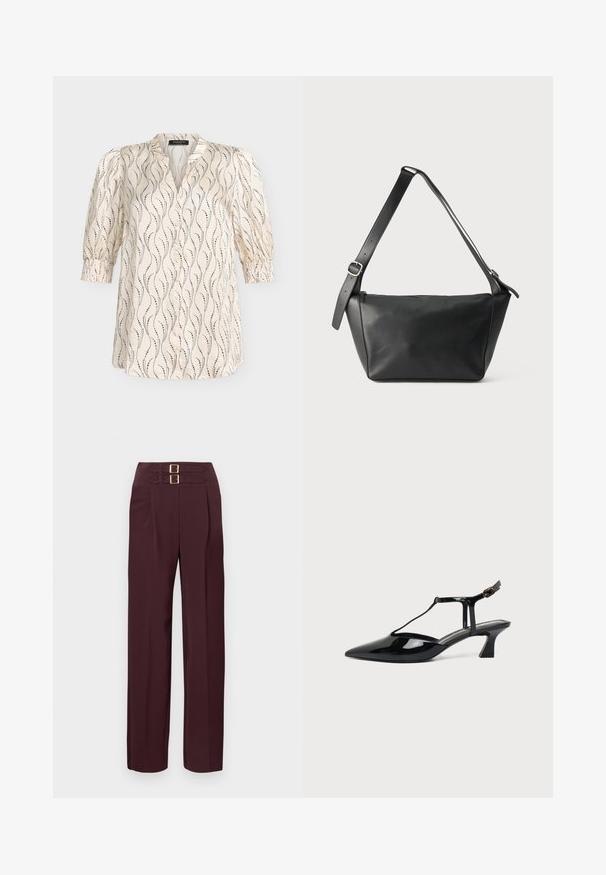 Blouse beige clair avec des lignes florales abstraites noires, manches trois-quarts bouffantes, devant boutonné et poignets froncés.; Pantalon taille haute de couleur bordeaux foncé avec deux sangles à boucle dorée en haut et une coupe droite.; Chaussure slingback en cuir verni noir à bout pointu avec bride en T et petit talon bloc incliné sur fond blanc.; Sac à bandoulière en cuir noir avec une large sangle réglable et une boucle argentée, présenté sur un fond clair uni.