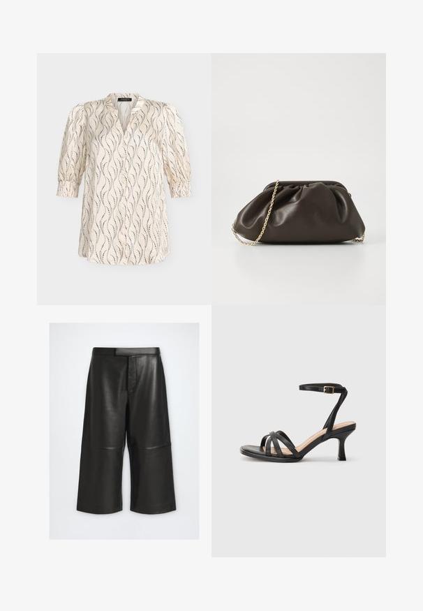 Blouse beige clair avec des lignes florales abstraites noires, manches trois-quarts bouffantes, devant boutonné et poignets froncés.; Culottes noires à jambes larges en similicuir, taille haute, passants pour ceinture, détail couture devant et longueur mi-mollet sur fond uni.; Sandales à talons noirs avec plusieurs fines lanières sur le bout, une seule lanière à la cheville avec une boucle dorée, et un bout carré.; Sac à main en cuir marron avec un design froncé, une bandoulière en chaîne dorée et une finition douce et texturée. Sa forme compacte est idéale pour une utilisation en soirée.