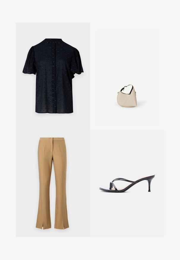 Marineblauwe blouse met korte mouwen, met opgeblazen mouwen, ronde halslijn, knoopsluiting aan de voorkant en een textuurpatroon met kleine geborduurde accenten.; Beige uitlopende broeken met een voorinsnijding, gemaakt van zachte stof. Beschikt over een platte tailleband en scherpe plooidetails die langs de benen lopen.; Zwarte laklederen sandaal met hakken, dunne gekruiste bandjes en een slanke, middelhoog stilettohak op een witte achtergrond.; Beige leren handtas in halvemaanvorm met een enkele schouderband en minimale stiksels, afgebeeld tegen een effen witte achtergrond.