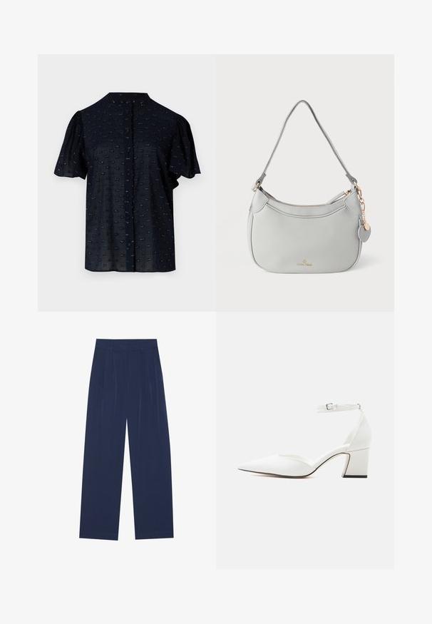 Marineblauwe blouse met korte mouwen, met opgeblazen mouwen, ronde halslijn, knoopsluiting aan de voorkant en een textuurpatroon met kleine geborduurde accenten.; Navyblauwe wijde broek van zachte stof, voorzien van voorplooien, een gladde textuur en een rechte pasvorm zonder zichtbare zakken.; Witte schoenen met spitse neus, midhak, enkelbandje met gesp, glad oppervlak en blokhak op een effen lichte achtergrond.; Grijze leren handtas met een gebogen vorm, hardware in goudkleur en een decoratieve hanger. Voorzien van een ritssluiting en een enkele schouderriem.