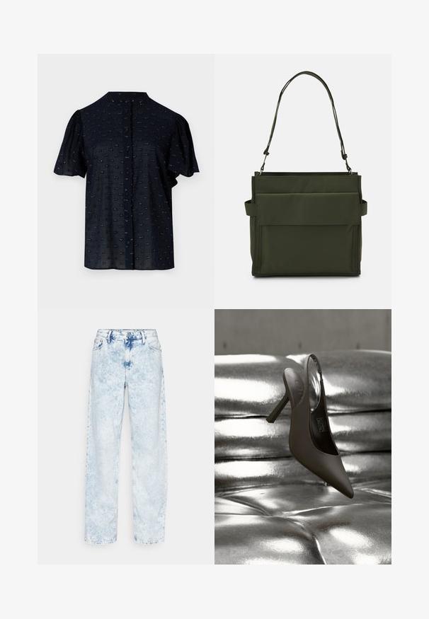 Marineblauwe blouse met korte mouwen, met opgeblazen mouwen, ronde halslijn, knoopsluiting aan de voorkant en een textuurpatroon met kleine geborduurde accenten.; Calvin Klein Jeans 90'S STRAIGHT - Straight leg jeans - denim light; Zwarte hoge hak met spits toelopende neus en slingback, rustend op een glanzend, metalen zilver geknoopt oppervlak.; Olijfgroene tote bag gemaakt van duurzame stof met een rechthoekige vorm, met een voorzak met klep en een verstelbare schouderriem.