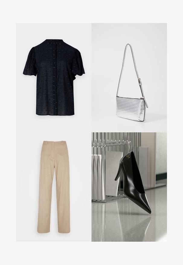 Marineblauwe blouse met korte mouwen, met opgeblazen mouwen, ronde halslijn, knoopsluiting aan de voorkant en een textuurpatroon met kleine geborduurde accenten.; Calvin Klein TAILORED STRAIGHT PANT - Broek - cinder; Zwart hooggehakt schoen met puntige neus en gouden logo, geplaatst op een reflecterend oppervlak naast een verchroomde draadordner met documenten.; Zilveren schoudertas met een strak ontwerp, gegraveerd logo patroon, verstelbare schouderband en een gladde metallic textuur. Met ritssluiting.