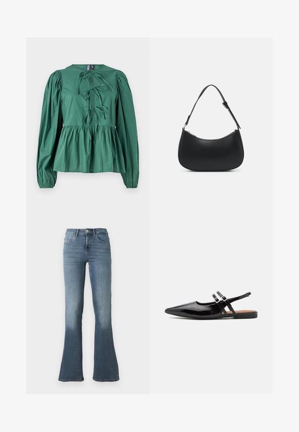 Blouse verte à manches longues en coton, avec un col rond, des liens décoratifs à l'avant et une taille froncée pour une silhouette évasée.; Jean en denim bleu clair avec une taille haute, fermeture par bouton et fermeture éclair, poches avant et arrière, et jambes évasées.; Des chaussures slingbacks en cuir verni noir présentent un bout pointu, deux sangles avec des accents de boucle, et une semelle plate.; Pieces PCALUANA SHOULDER BAG - Sac à main - black