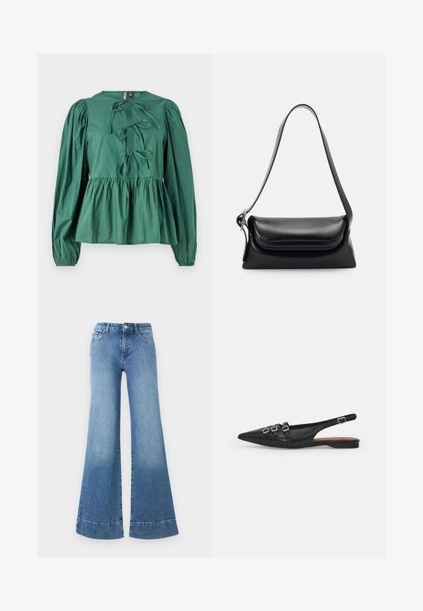 Blouse verte à manches longues en coton, avec un col rond, des liens décoratifs à l'avant et une taille froncée pour une silhouette évasée.; Jeans en denim bleu clair évasés avec une taille haute, des jambes larges et un léger délavage. Comprend un design classique à cinq poches et une fermeture à bouton en métal.; Chaussure plate noire en cuir avec un bout pointu, dotée de deux lanières horizontales et de boucles carrées en argent, avec un faible talon et une texture lisse.; Sac à main en cuir noir avec une forme structurée, une texture lisse et une seule bandoulière. Présente un design de rabat arrondi et subtil.