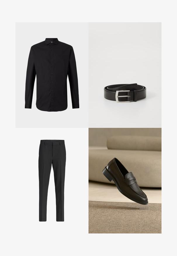 Sort langærmet skjorte lavet af vævet stof, med knaplukning fortil, krave og klassisk pasform. Glat tekstur og minimalistisk design.; Sorte, skræddersyede bukser med lige ben, bæltestropper, pressefold foran og sidelommer, vist mod en ensfarvet hvid baggrund.; Sort læder loafer sko, der hviler på et beige tæppe med en buet beige sofa i baggrunden.; Sort læderbælte med en glat overflade, der har en rektangulær sølvmetal spænde og et klassisk design.