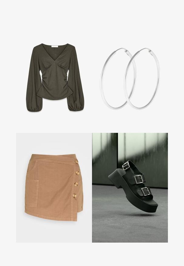 Olijfgroene blouse met textuur, lange poeffmouwen, V-hals, gerimpeld lijfje en een licht uitlopende zoom.; Even&Odd Shorts - brown; Zwarte platformsandaal met drie brede banden en zilveren gespen, zwevend boven een grijze tapijtvloer met een wazige glazen achtergrond.; Zilverkleurige oorringen met een gladde, ronde vorm en een gepolijste afwerking. Beide oorbellen zijn van dezelfde grootte en hebben een veilige sluitmechanisme.