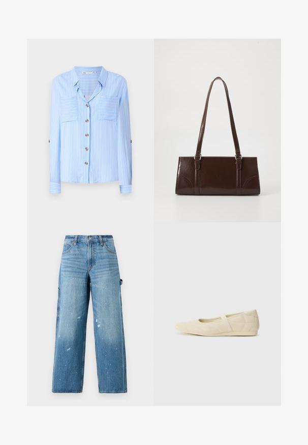 Lys blå langærmet skjorte med lodrette hvide striber, to brystlommer og brune knapper ned foran. Blødt stof med en glat tekstur.; Lysblå denim cargo jeans med brede ben, falmede sektioner og malersprøjt detalje. Har sidelommer og knaplukning.; Lysebrune ballet flats med en glat læderoverflade, mandelformet tå og elastisk rem over vristen, med diskrete syninger.; Brun lakeret håndtaske med rektangulær form, to lange håndtag og subtile buede detaljer på fronten.