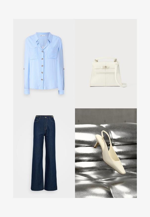 Camisa de manga larga azul claro con rayas verticales blancas, dos bolsillos en el pecho y botones marrones en la parte delantera. Tejido suave con una textura lisa.; Jeans de mezclilla de corte amplio en azul oscuro, con diseño clásico de cinco bolsillos, costura reforzada y un acento de hardware circular en la cinturilla.; Zapato de tacón bajo tipo kitten slingback color crema con punta cuadrada, descansando sobre una superficie de cuero plateado acolchada y brillante.; Bolso de mano de piel blanca con forma estructurada, asa superior, correa de hombro desmontable y cierre con broche plateado. Textura suave, diseño minimalista.