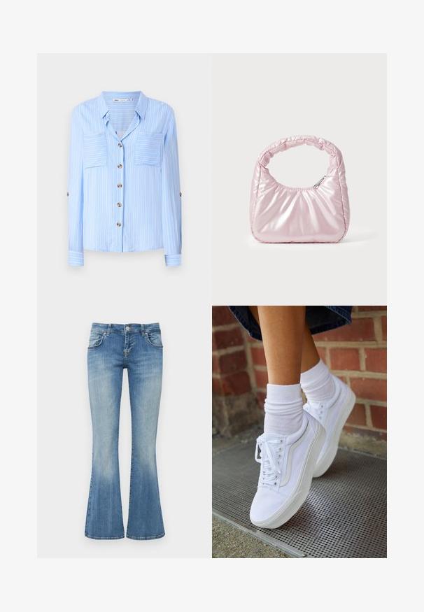 Camisa de manga larga azul claro con rayas verticales blancas, dos bolsillos en el pecho y botones marrones en la parte delantera. Tejido suave con una textura lisa.; LTB ROXY - Vaqueros a campana - vicky wash; Zapatillas de lona blancas con suelas de goma, que presentan seis ojales, puntera redonda y detalles de costura ligera, combinadas con calcetines blancos hasta el tobillo.; Bolso de mano acolchado en color rosa con un diseño redondeado, fabricado en material brillante. Presenta un asa fruncida y un cierre de cremallera para un acceso seguro.